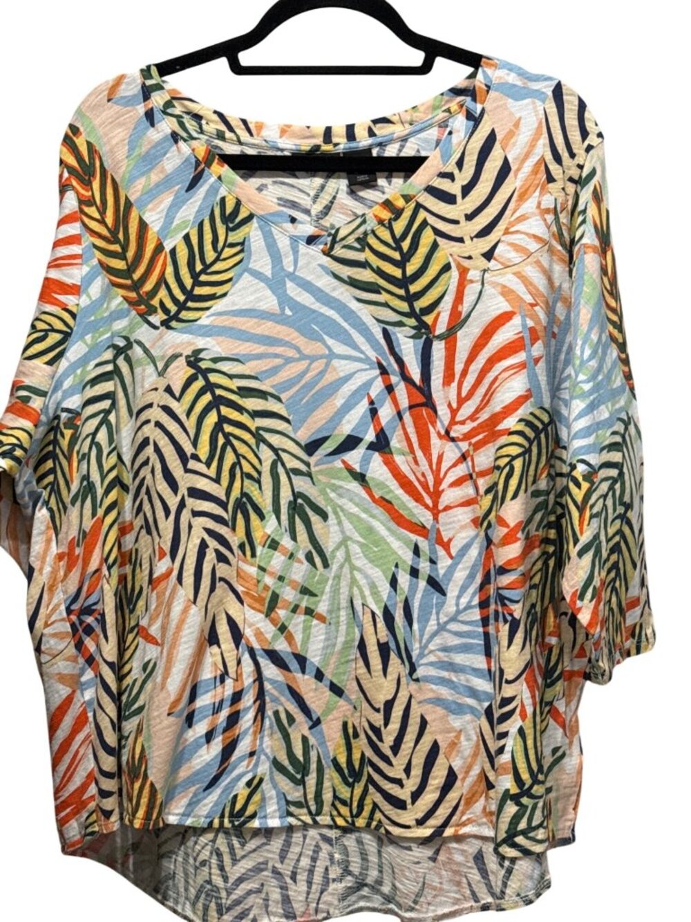 Tahari Womens 3X Tropical Leaf Print Cotton Blouse High-Low Hem